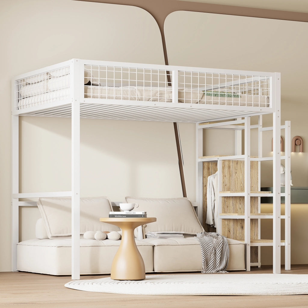 Letto a soppalco 140 × 200 cm con scala e armadio struttura in metallo e MDF bianco
