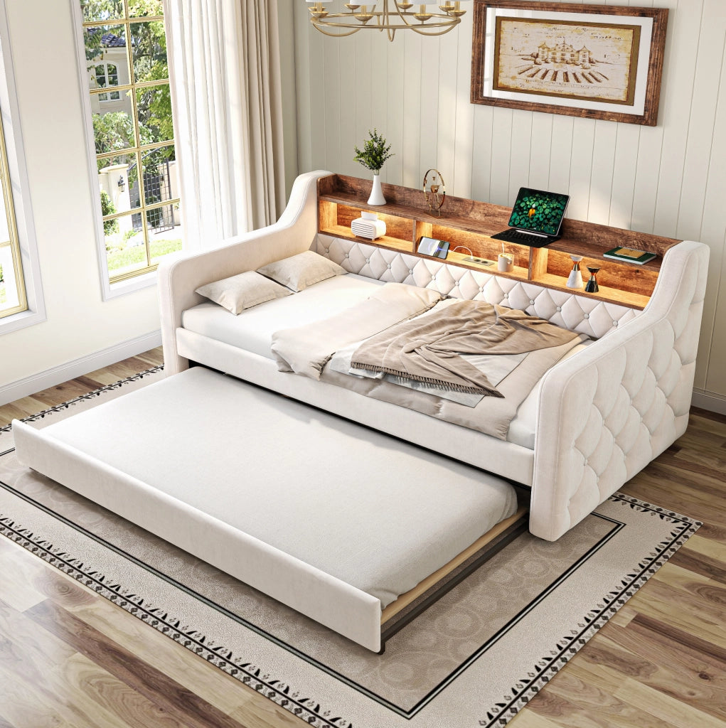 Divano letto estraibile 90x190 cm in velluto beige con LED; USB-C e vano portaoggetti