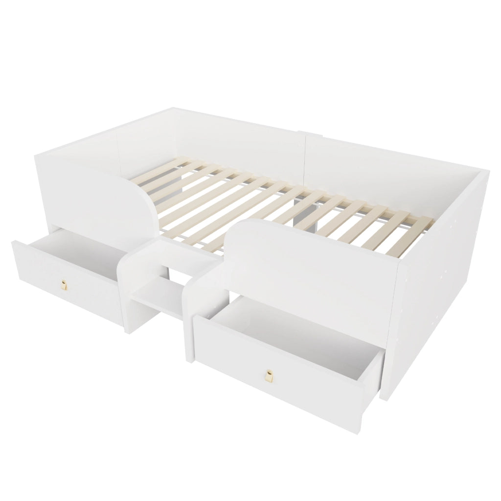 Letto con cassetti 90 × 200 cm con due grandi cassetti; sponde alte e scaletta; in MDF e compensato bianco
