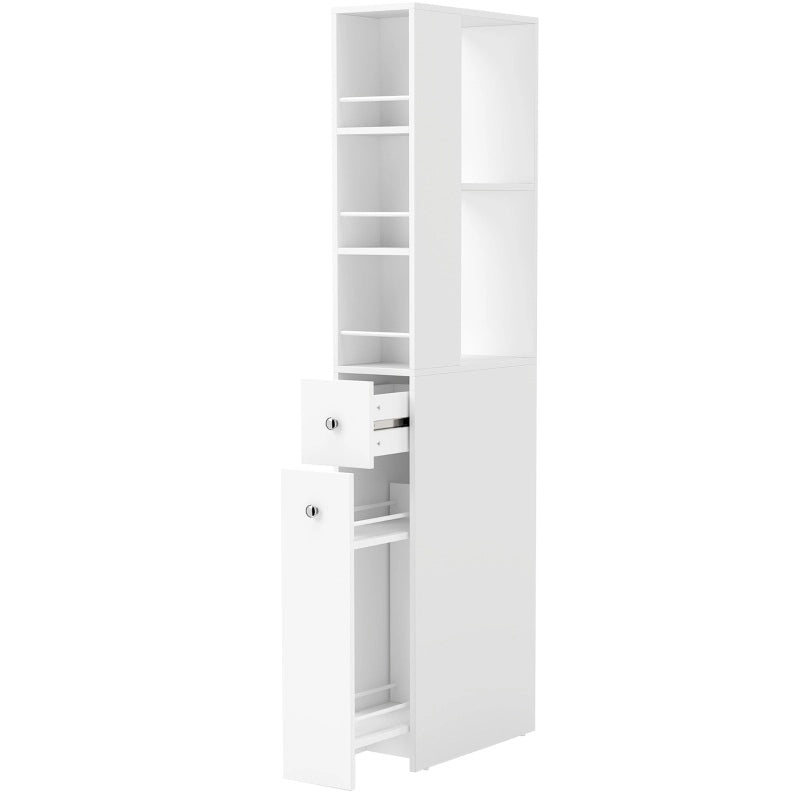 Armadio bagno alto slim 135 cm con 2 cassetti, 2 ripiani laterali e 3 scomparti, bianco
