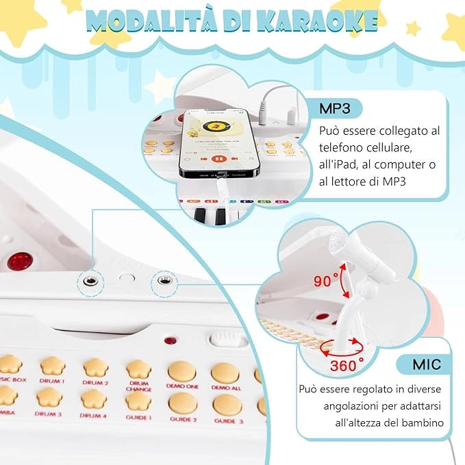 Tastiera Pianoforte a 31 Tasti con Microfono e Sgabello, Pianoforte Giocattolo Portatile con Modalità di Insegnamento a LED, Pianoforte a Coda per Bambini 3+ Anni (Bianco), 35 x 30 x 55 cm