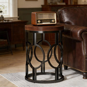 Tavolino rotondo Ø45 × 50 cm in MDF e metallo con piano marrone rustico e struttura nera