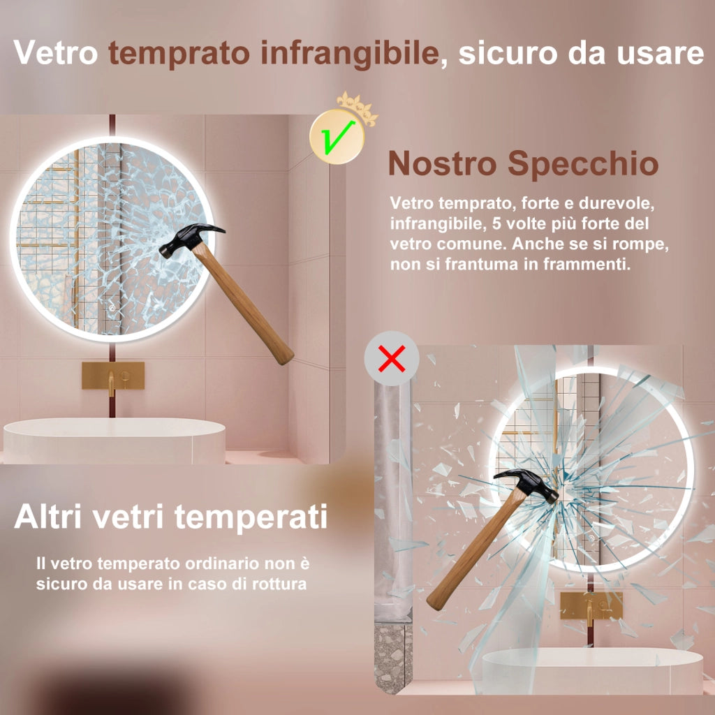 AICA Specchio da bagno 120 x 120 cm, antiappannamento, dimmerabile, interruttore touch, Funzione Memoria