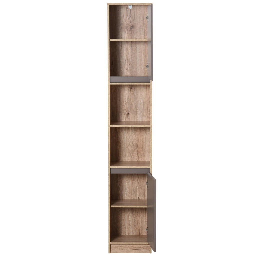 Mobiletto Salvaspazio per Bagno in Legno, Mobile da Bagno con 2 Armadietti e Ripiani Regolabili, Design a Colonna, 30x24x170 cm, Grigio e Rovere
