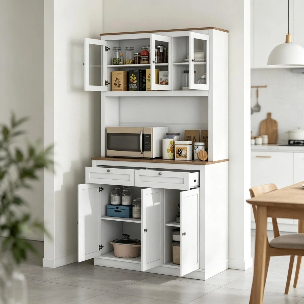 Buffet Credenza con Ripiani Aperti, Cassetti e Ampio Spazio Contenitivo, Mobile per Piatti e Cucina