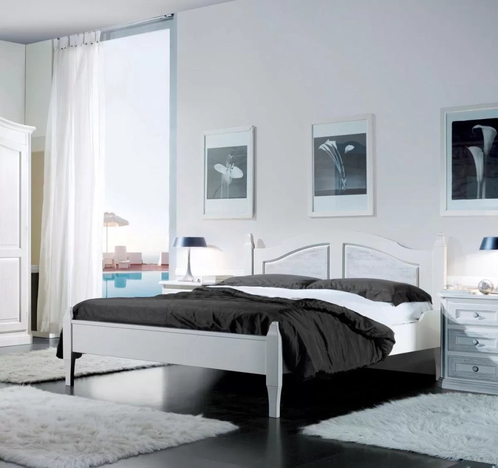 Letto matrimoniale shabby chic bianco legno massello 178x210x106 (2234) - Mobili 2G
