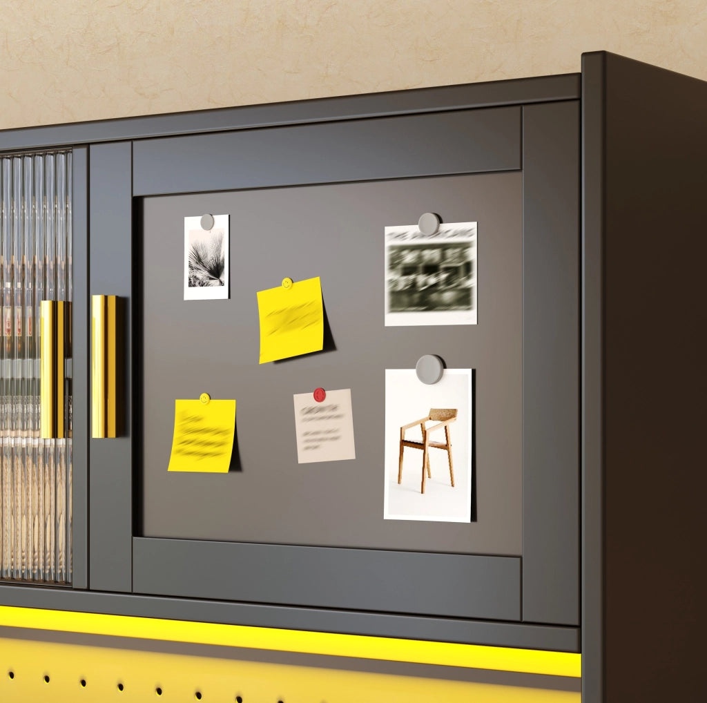 Credenza buffet da cucina 140x40x180 cm con LED, ante scorrevoli in vetro e pannello forato nera HAVRYA
