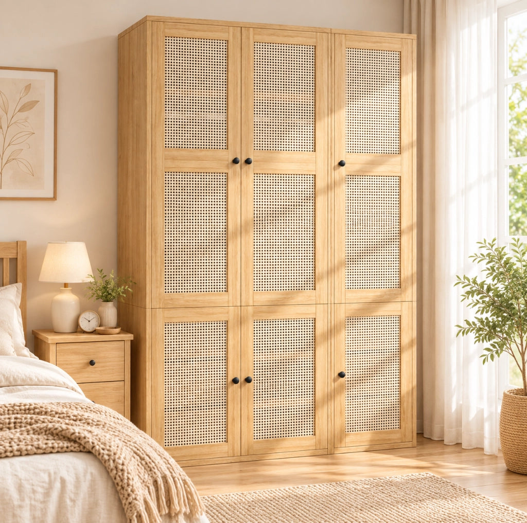 Armadio guardaroba 135x47x200 cm in MDF con 6 cassetti, 4 vani e 2 appendiabiti