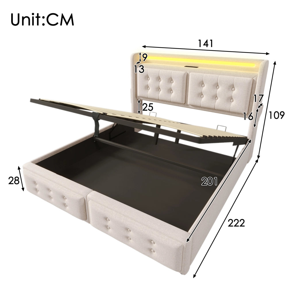 Letto imbottito 140x200 cm con LED; USB e Type-C; beige