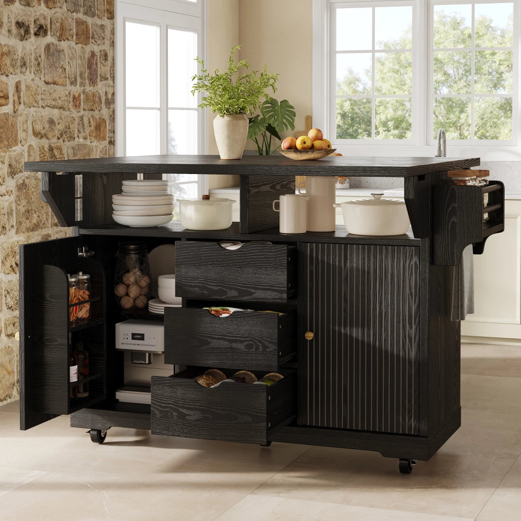 Carrello da cucina con ruote; isola cucina mobile con piano pieghevole; 142;5 x 80 x 95 cm; MDF marrone scuro