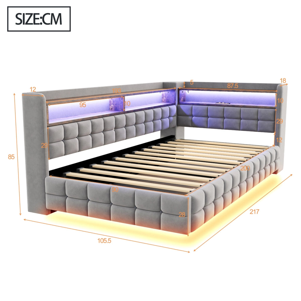 Letto contenitore singolo 90×200 cm con LED; USB e Type-C; ripiani e vano idraulico; senza materasso; grigio chiaro
