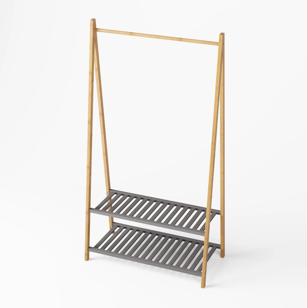 Appendiabiti in bamboo con 2 ripiani e barra per abiti, stand salvaspazio per ingresso e camera da letto