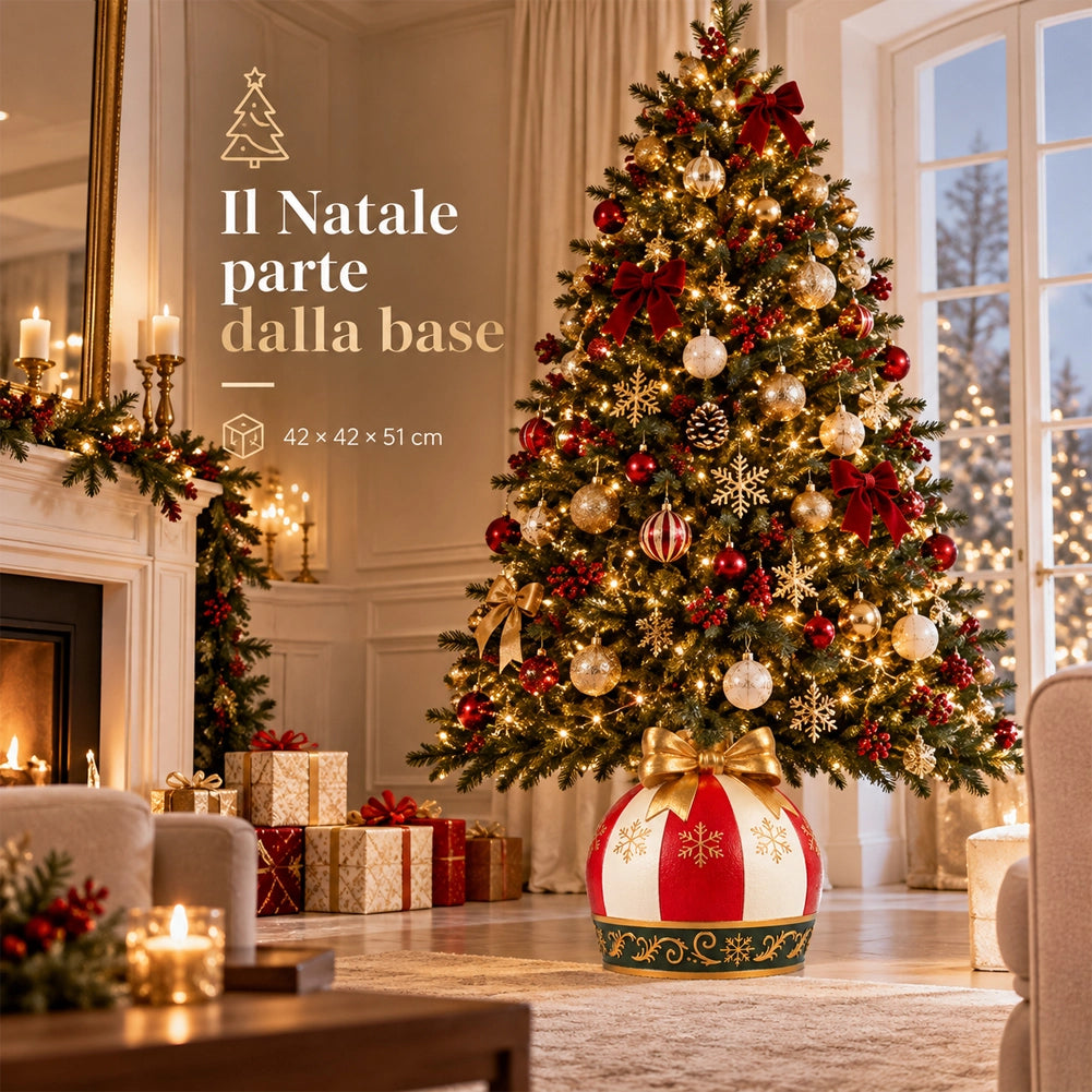 Base Albero di Natale Sfera con Fiocco Bianco e Rosso Addobbo Natalizio 42x51 cm