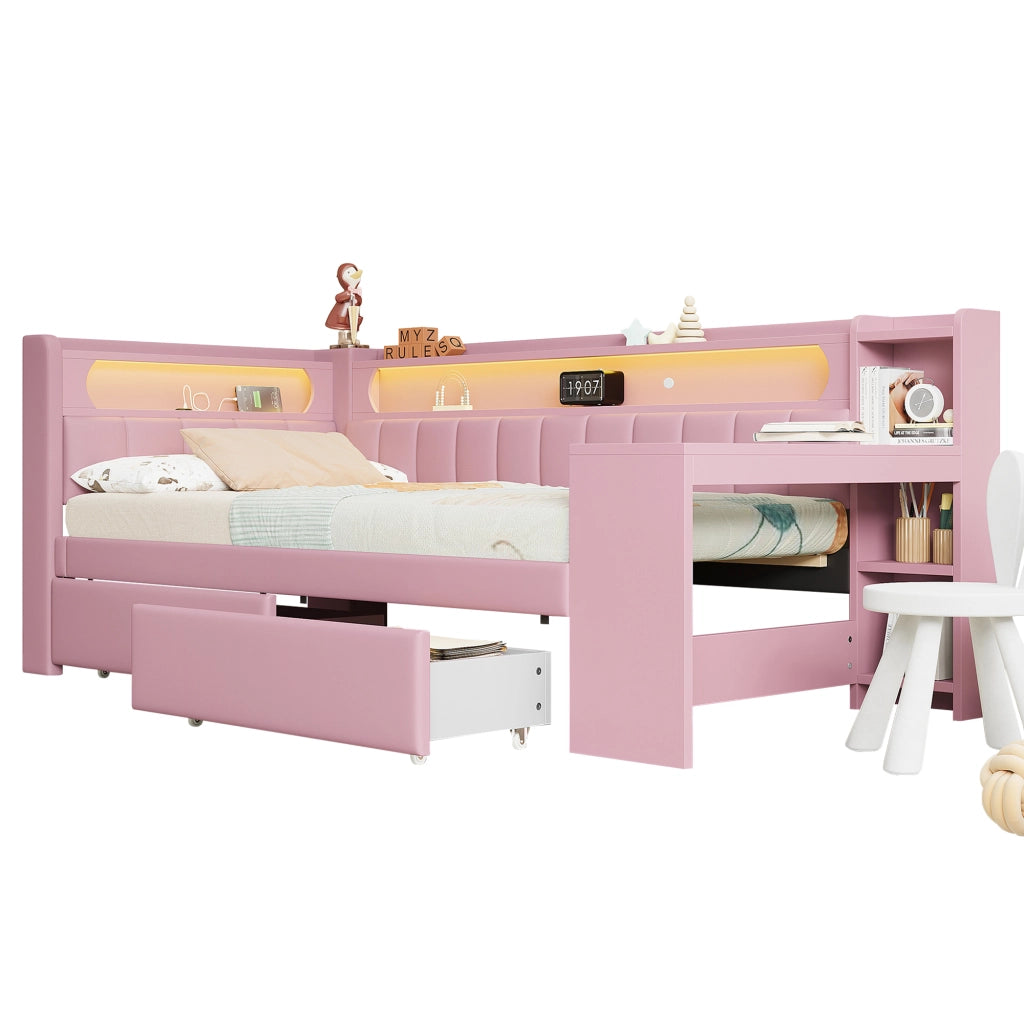 Daybed imbottito 90x200 rosa con USB; LED; scrivania e 2 cassetti