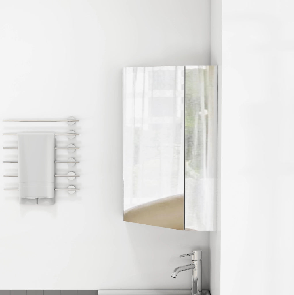 Mobile da bagno angolare da parete con specchi su tre lati, cerniere ammortizzate, ripiani integrati, bianco, pronto al montaggio