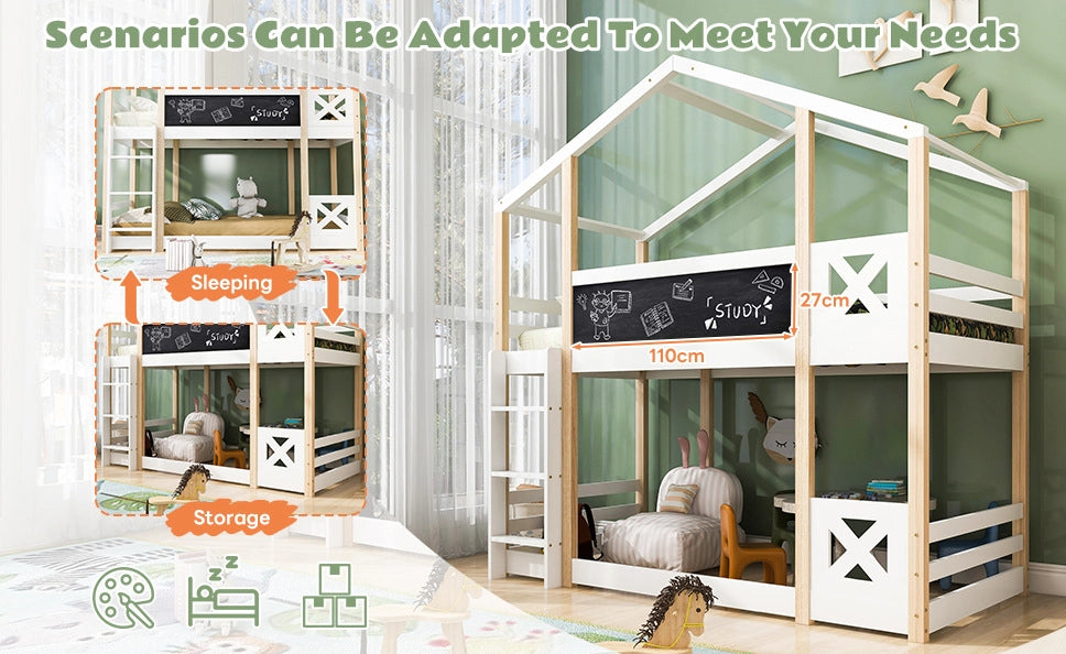 Letto a castello per bambini Yeavio 90x200 cm in legno di pino naturale e MDF con scala e rete a doghe