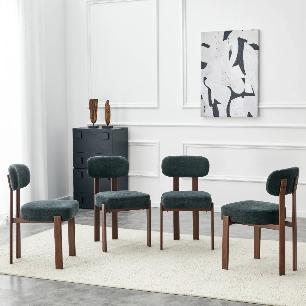 Set 4 sedie da pranzo stile moderno metà XX sec., in lino con schienale curvo e imbottitura spessa, design rustico per cucina