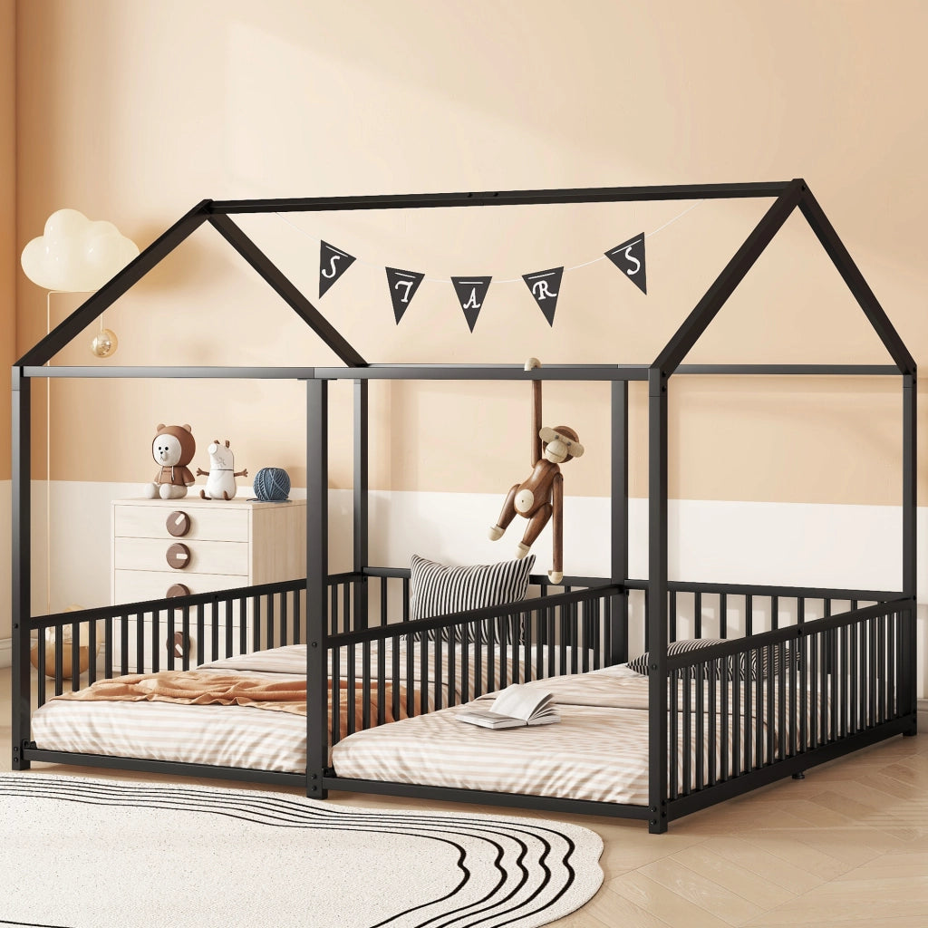 Letto gemellare a casetta in metallo 90x200 cm nero con sponde e scala per due bambini, senza materasso
