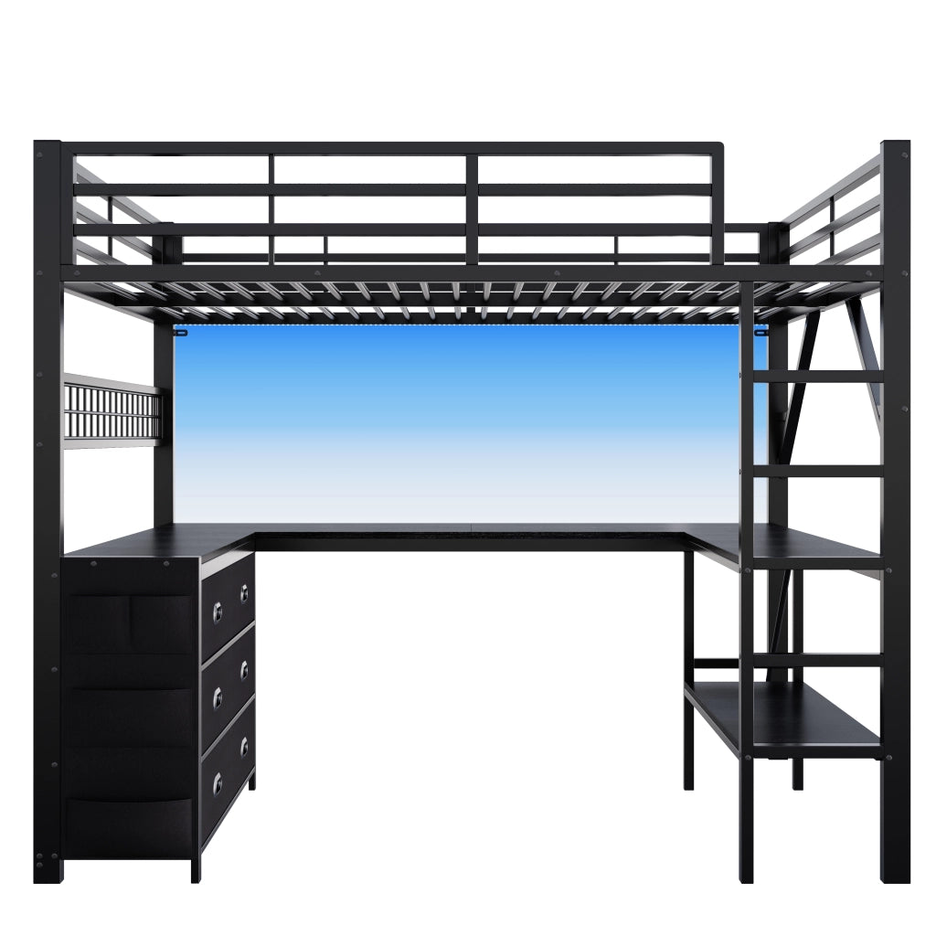 Letto a soppalco in metallo 140x200 con scrivania a U; cassetti e LED; nero