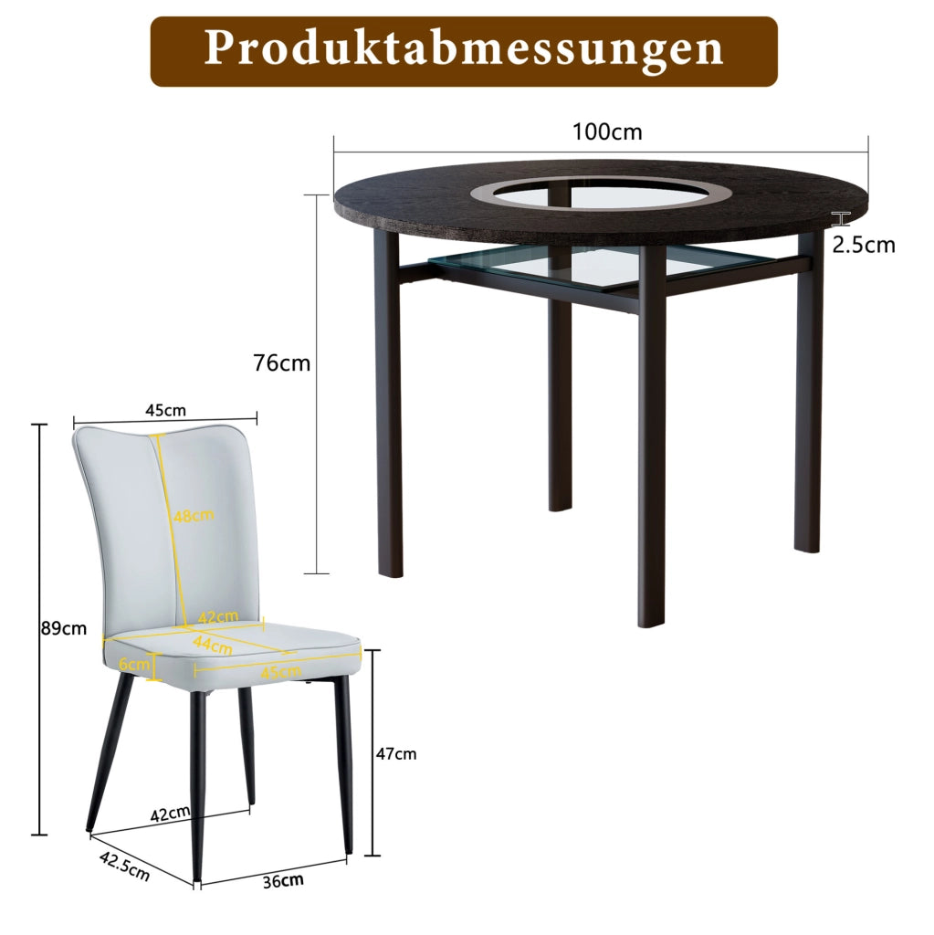 Set da pranzo moderno con tavolo rotondo nero effetto legno 100 cm e 4 sedie grigio chiaro in PU con gambe nere in metallo