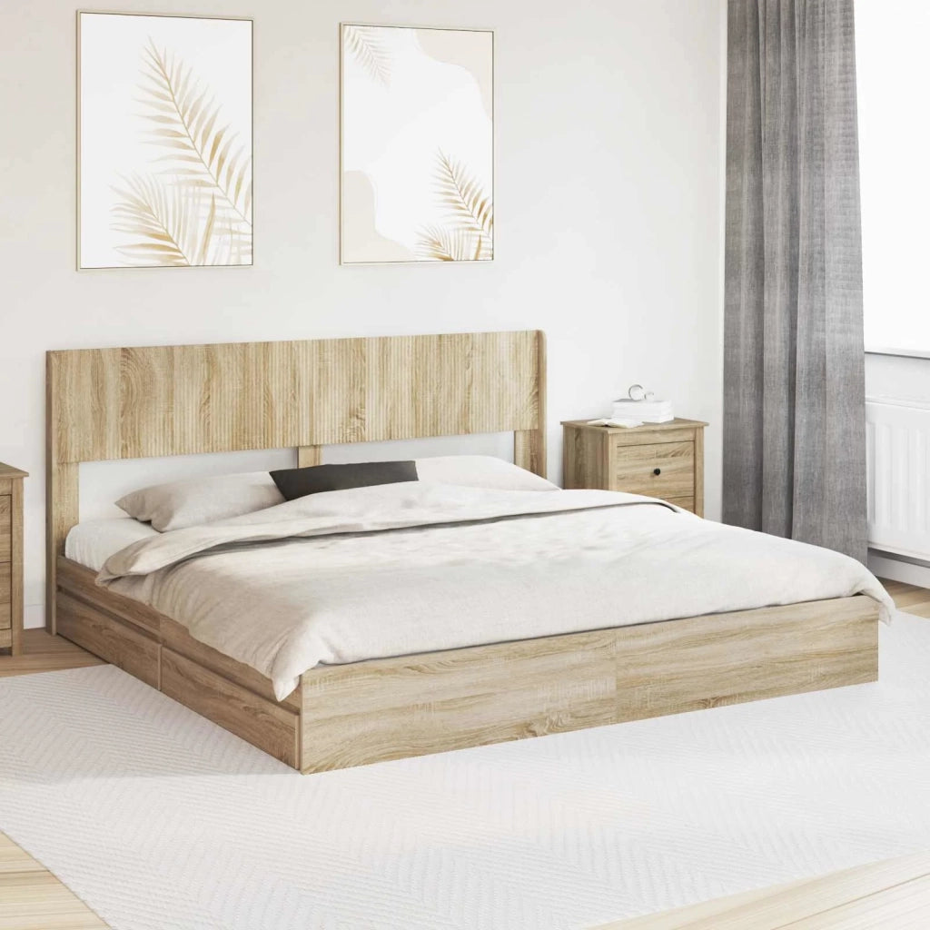 Letto matrimoniale | Letto per adulti | Struttura del letto con stoccaggio e testata Rovere Sonoma