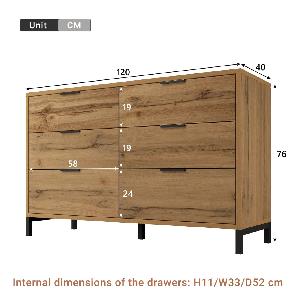 CASSETTIERA con 6 cassetti 120x40x76 cm Effetto rovere scuro e metallo