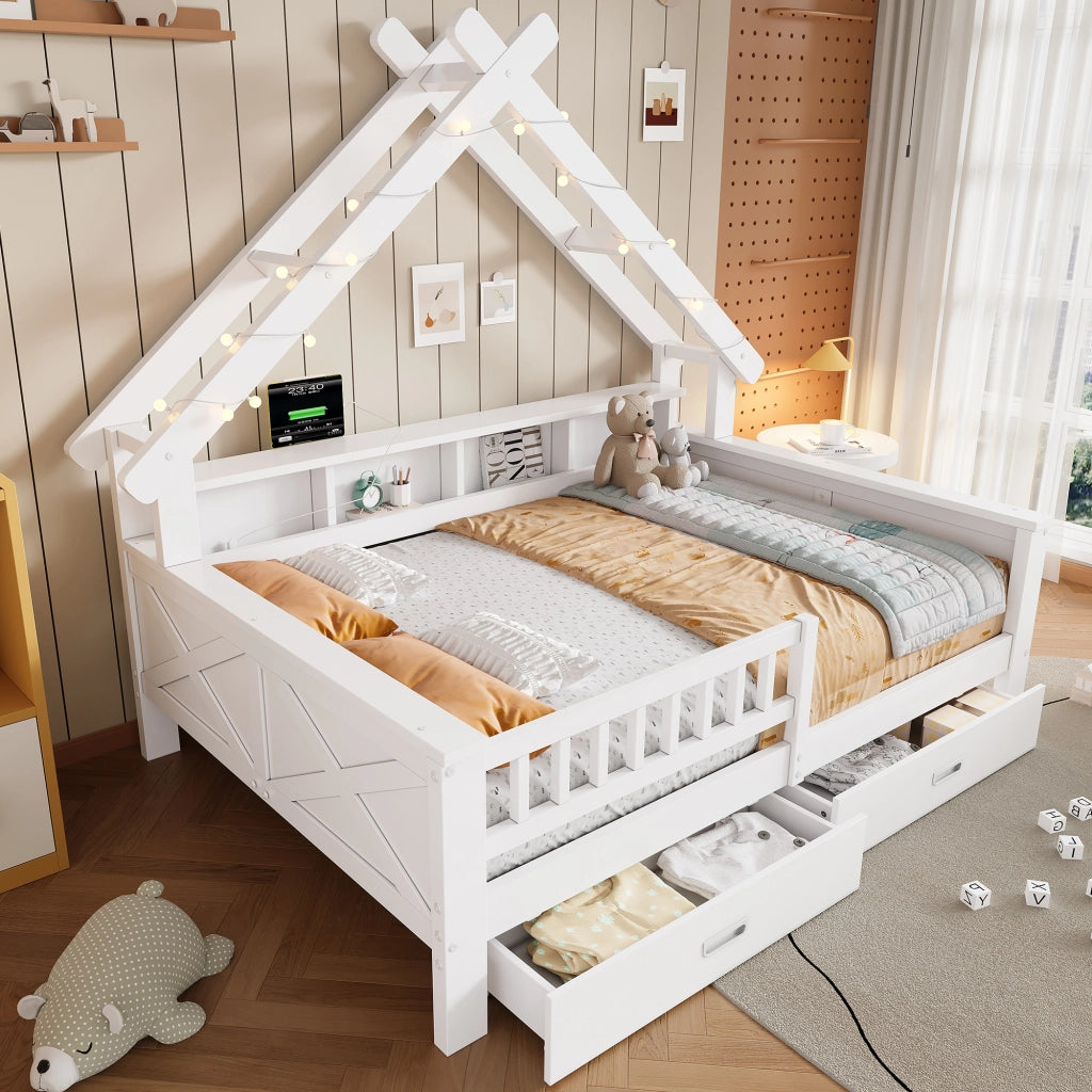Letto per bambini 140×200 cm con LED; 2 cassetti; ripiani e barriera di sicurezza; senza materasso; bianco