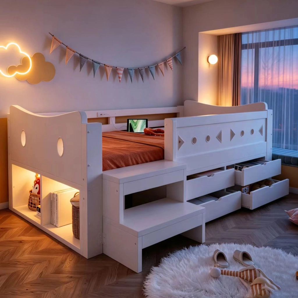 Letto con cassetti 90 × 200 cm con gradini laterali; barriere di protezione; LED; USB e porta Type-C in legno bianco
