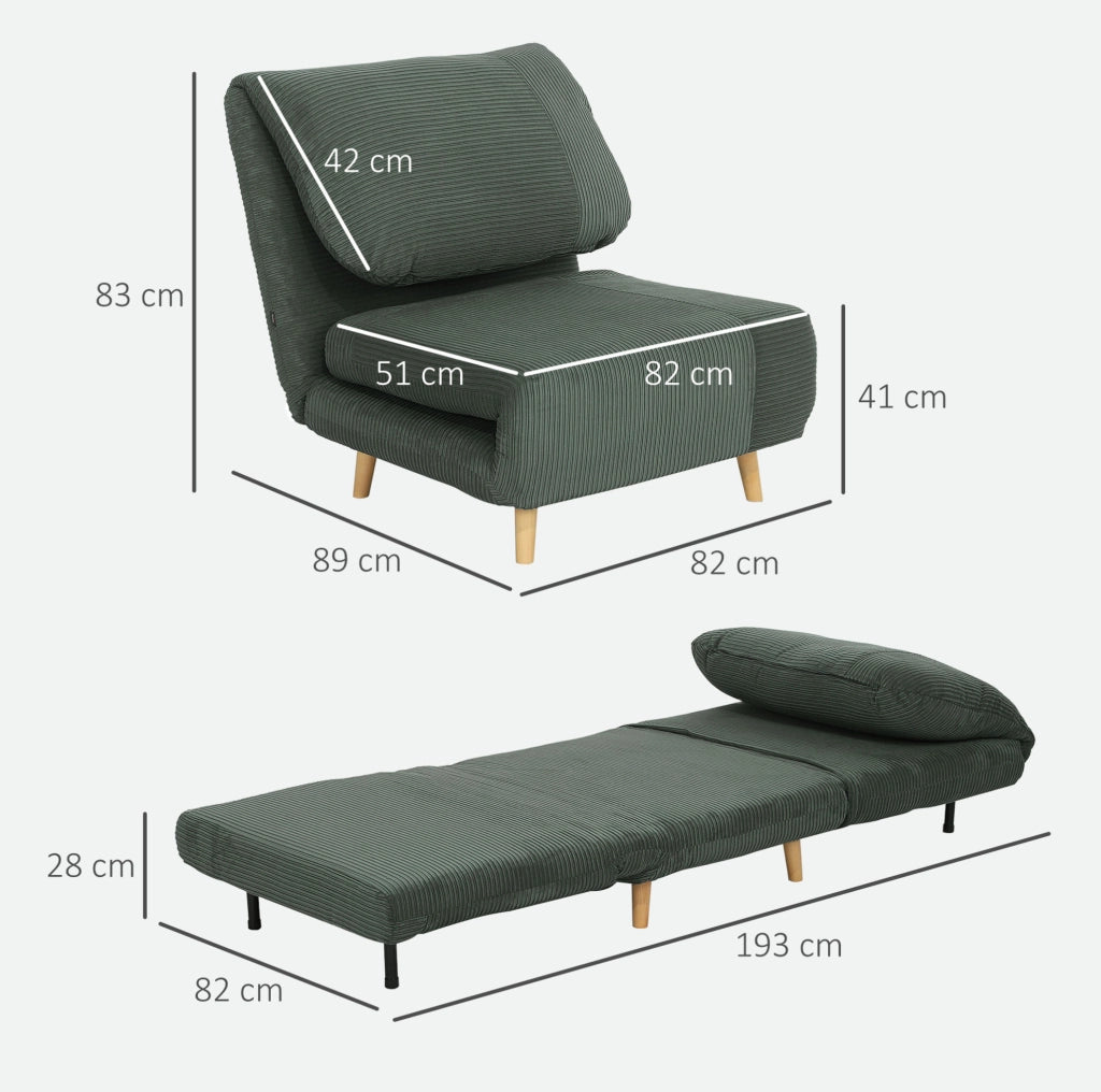 Poltrona Letto 2-in-1 con Schienale Regolabile e Rivestimento in Velluto Verde 82x89x83 cm
