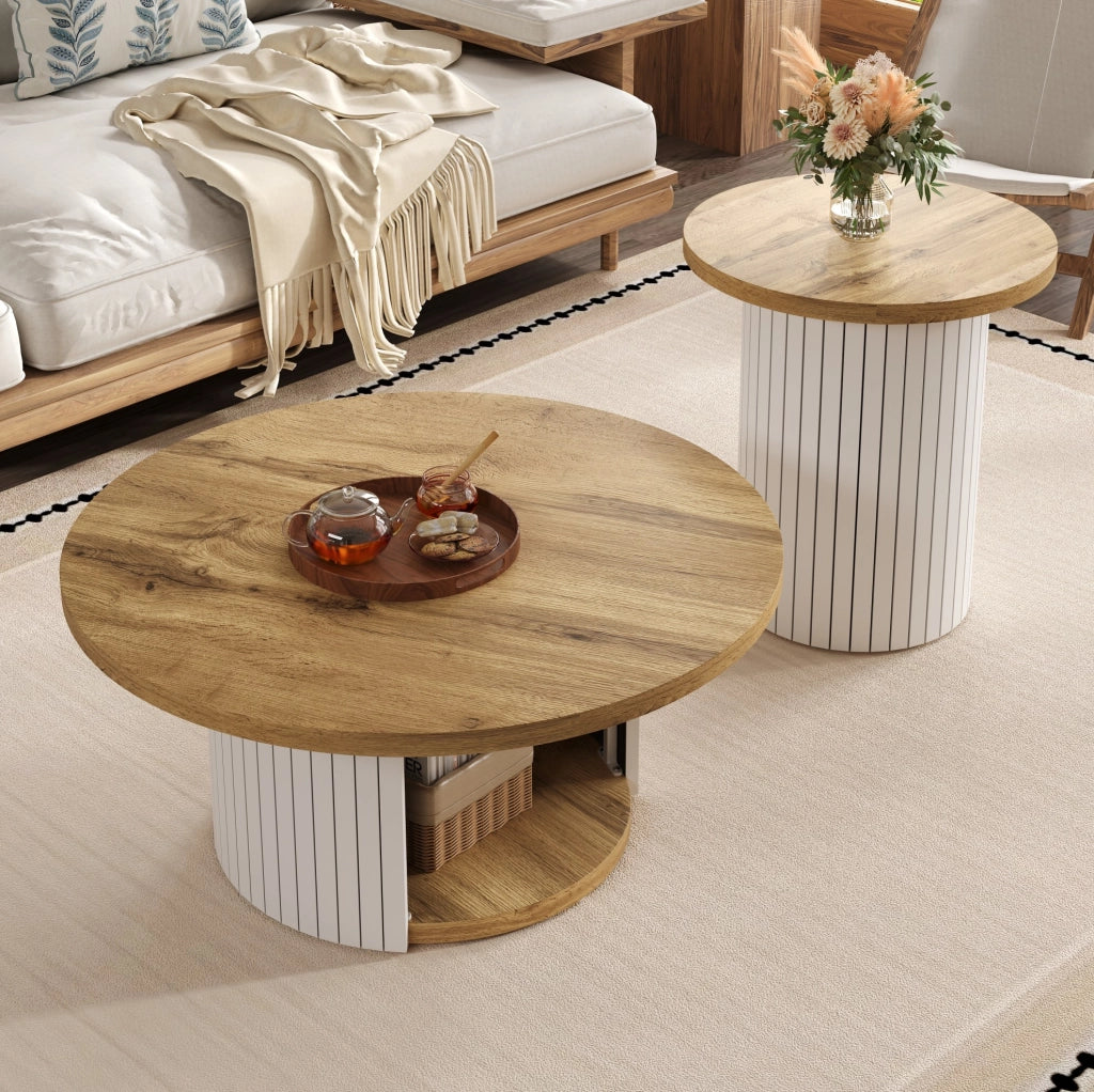 Set di 2 tavolini da caff¨¨ rotondi in MDF naturale con ripiani