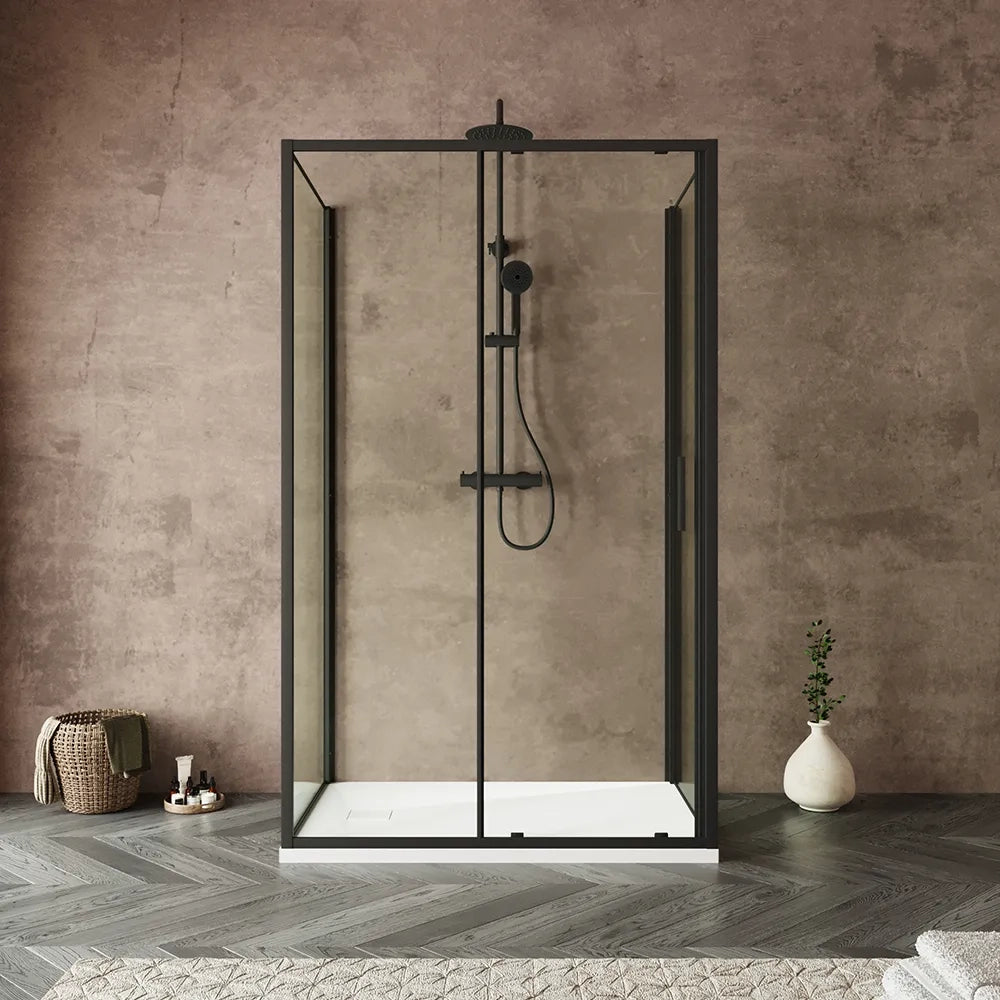 Box doccia tre lati 80x130x80cm con porta scorrevole profili nero opaco e vetro 6mm trasparente h190 | Portofino
