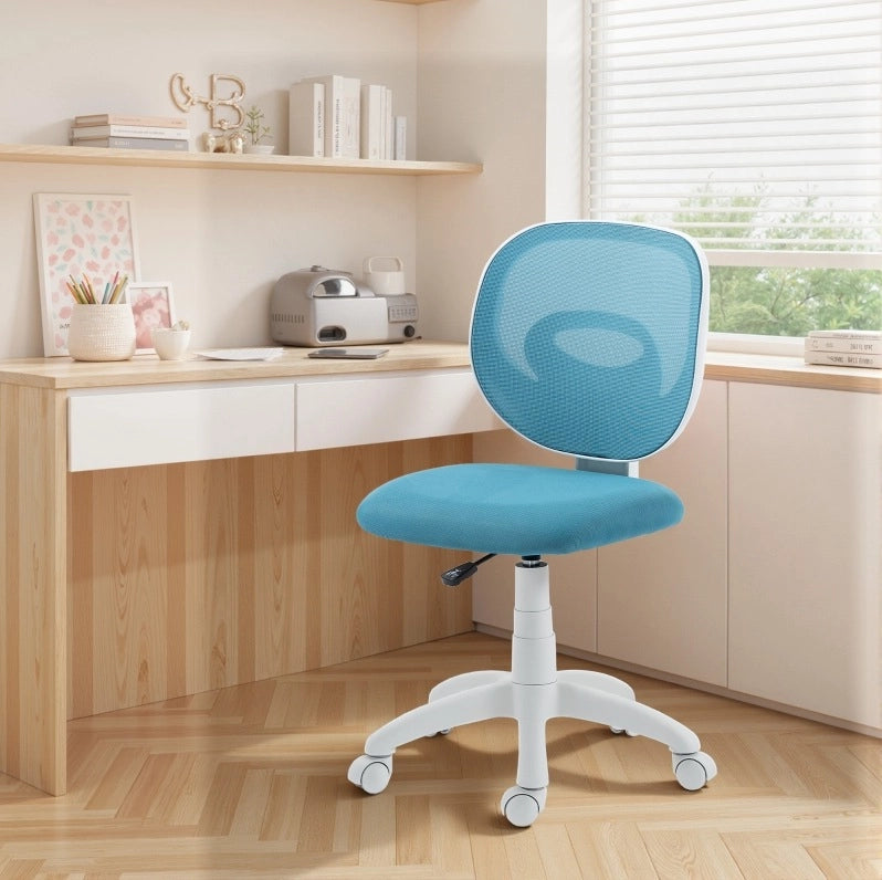 Sedia da ufficio ergonomica blu con supporto lombare a C, regolabile in altezza