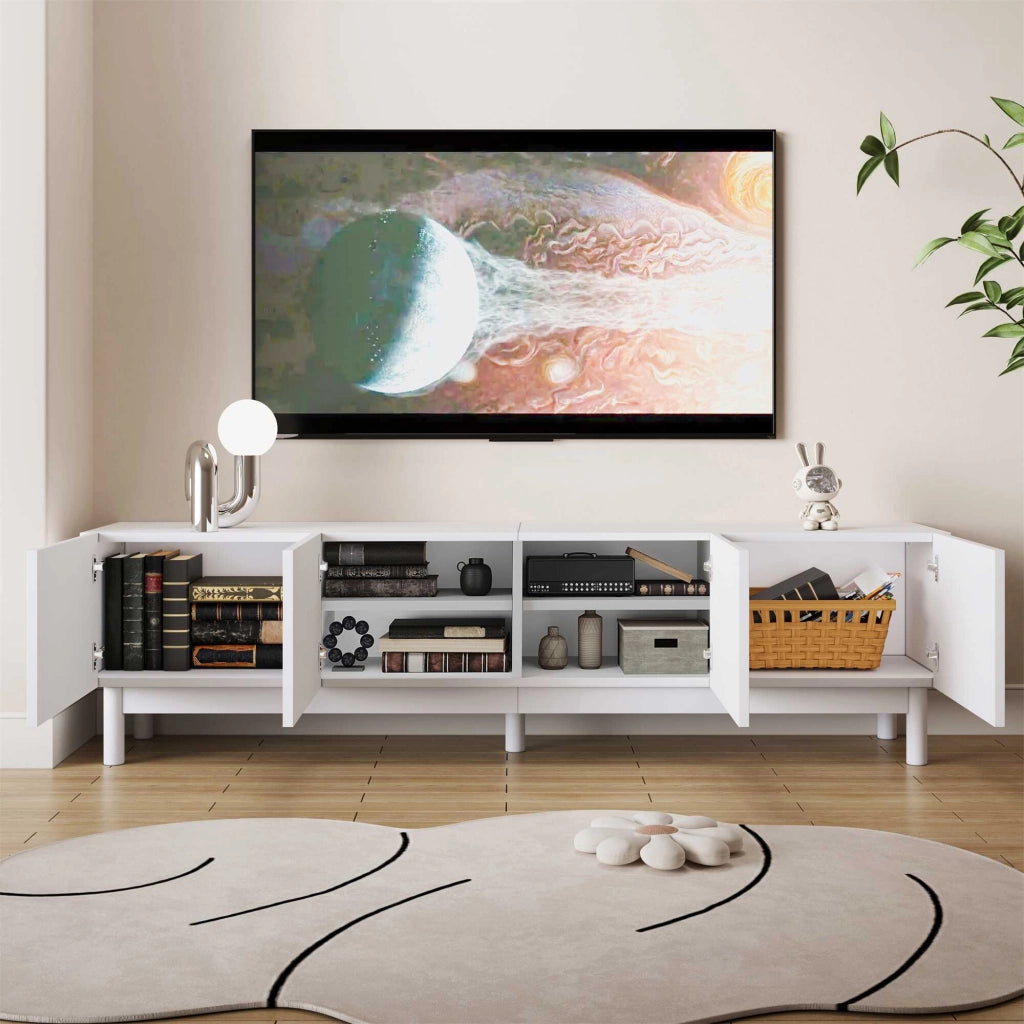 Mobile TV bianco 169x35x45,5 cm con ante ondulate, ripiani e gambe