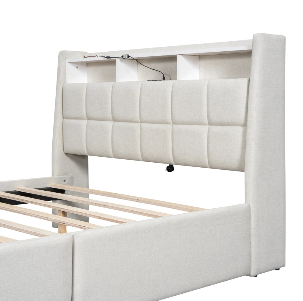 Letto imbottito 140x200 cm con cassetti, luce LED a controllo APP, tessuto lino beige, senza materasso