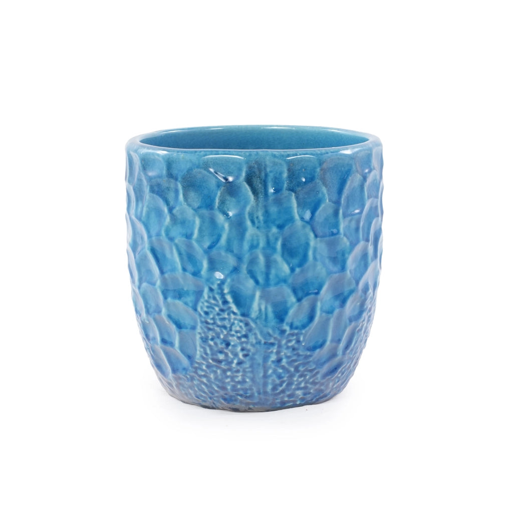 Vaso in ceramica artigianale ø38 cm, blu lucido con rilievo martellato e foro di drenaggio, resistente al gelo