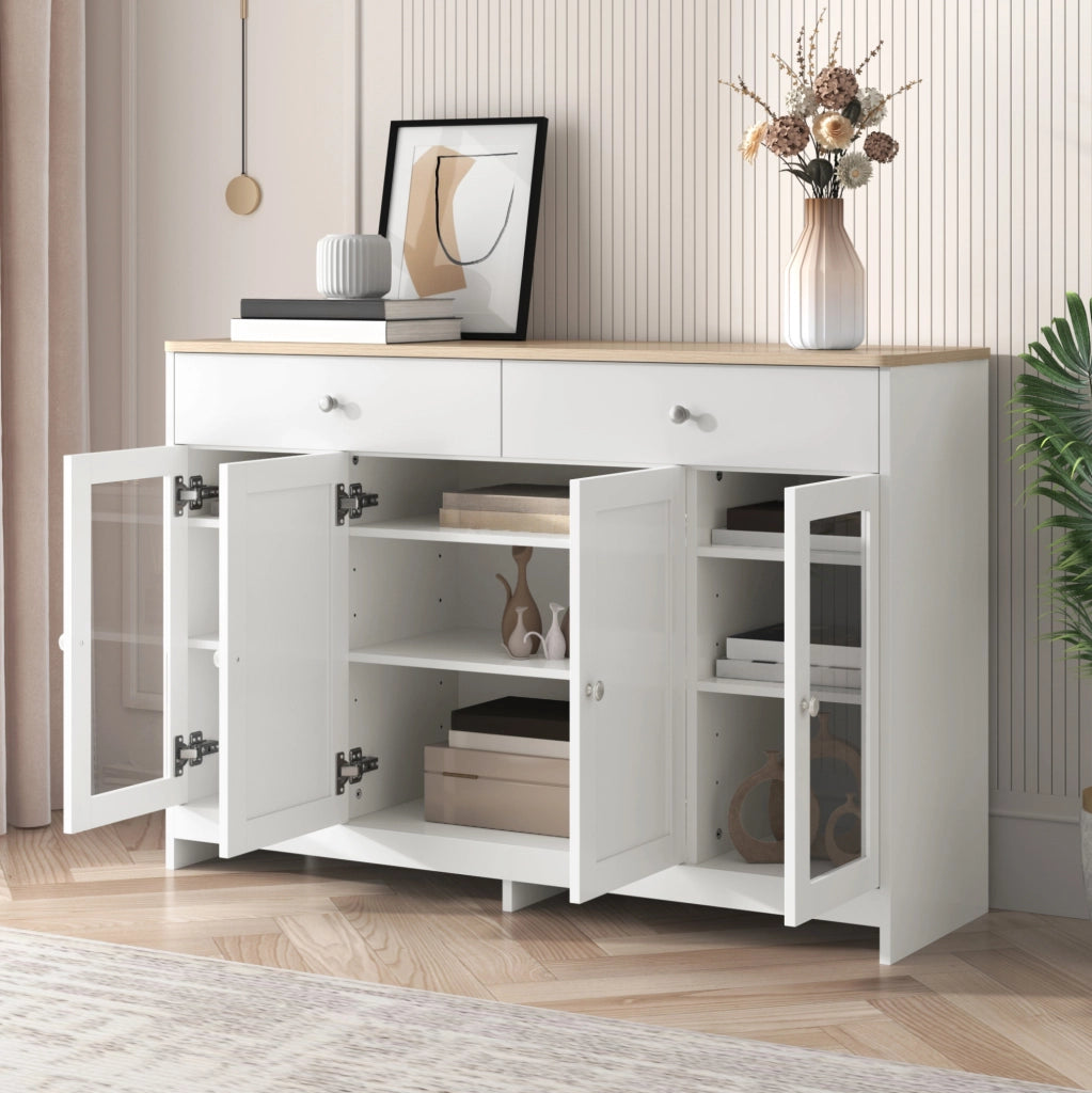 Credenza rustica bianca e legno con 4 ante e 2 cassetti