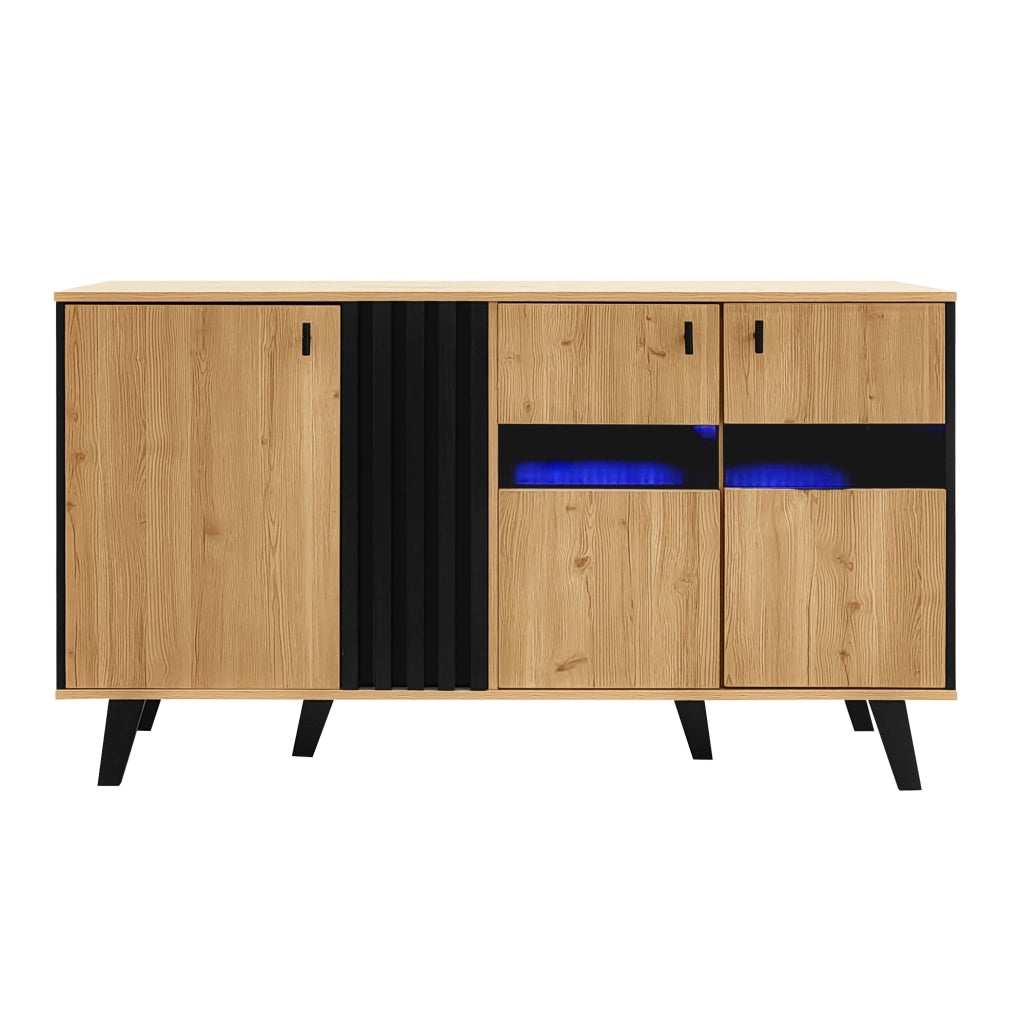 Sideboard 140x78,5x41 cm in legno e nero con LED e vetro