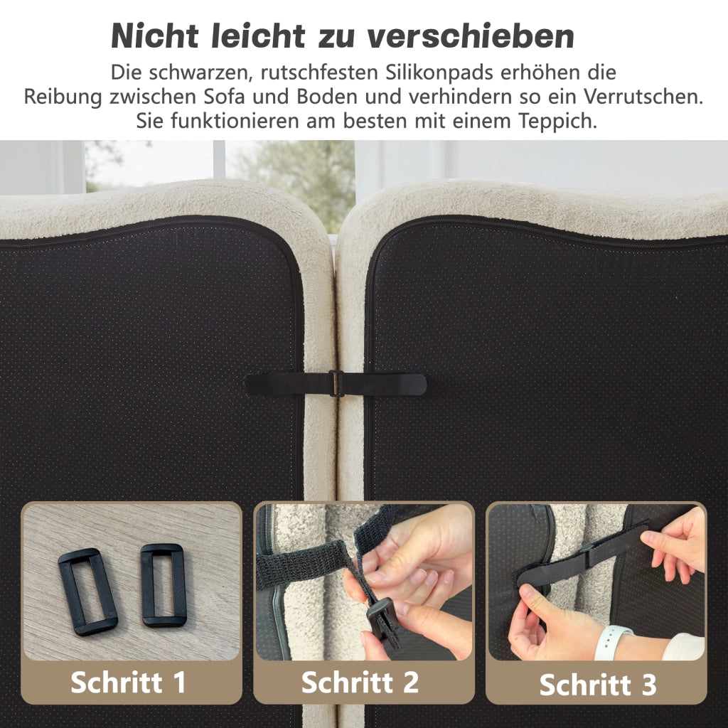 Divano panoramico modulare a 3 posti con 2 pouf in velluto beige configurabile a U o L con seduta profonda