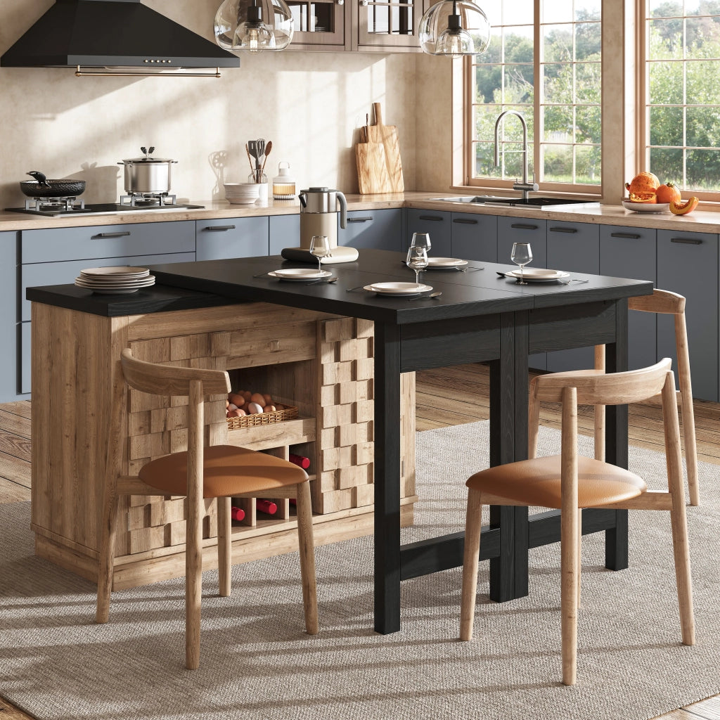 Mobile contenitore cucina girevole con tavolo allungabile, ante patchwork, portabottiglie e cassetti in MDF e metallo