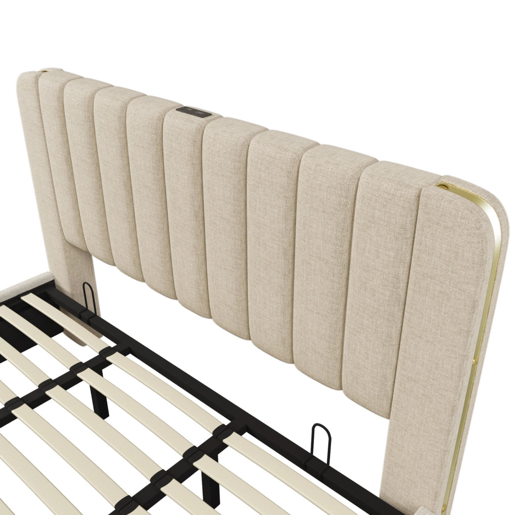 Letto matrimoniale imbottito con contenitore; USB Type-C; 180x200 cm; beige in lino; con materasso