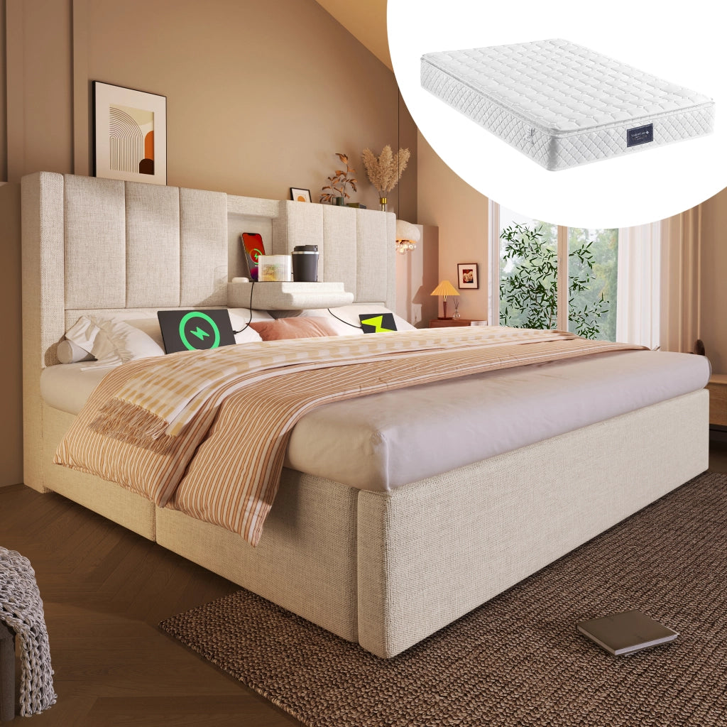 Letto matrimoniale 140 × 200 cm con contenitore idraulico; 3 USB; Type-C e portabicchieri; materasso incluso; beige