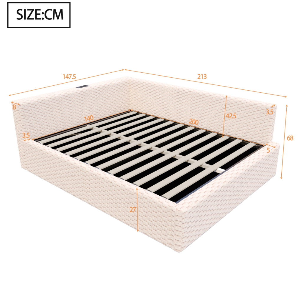 Multifunktionsbett 140x200 cm con LED; USB-C e vano contenitore; velluto beige