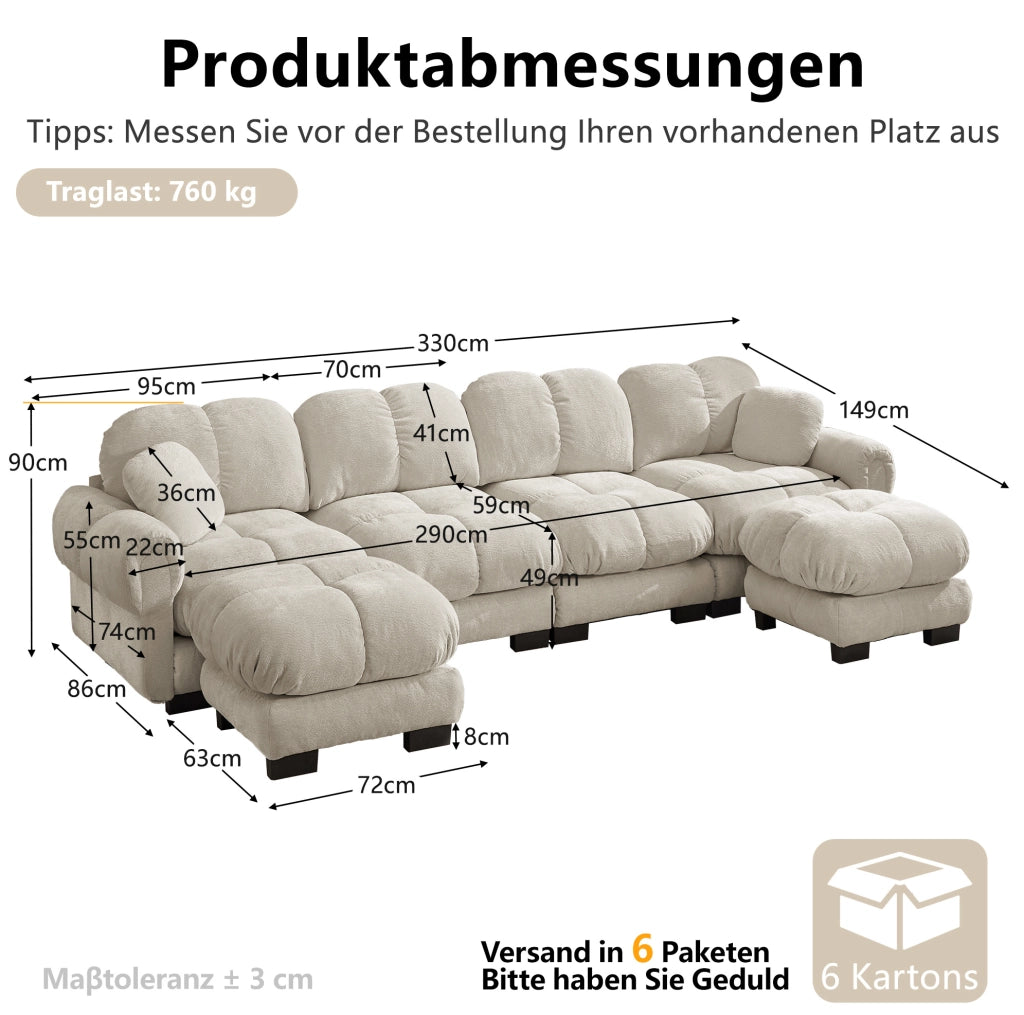 Divano angolare modulare a U 4 posti in tessuto chenille, colore kaki chiaro, con 2 pouf mobili