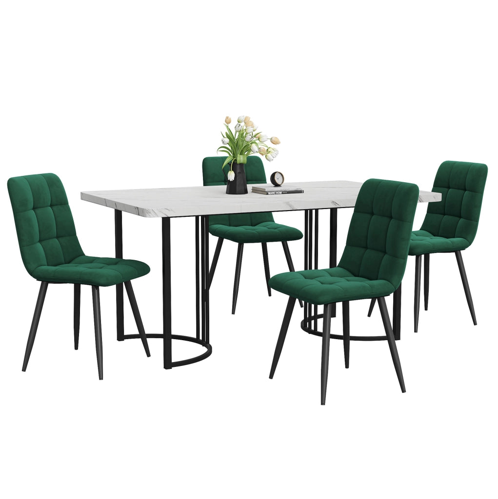 Set tavolo da pranzo 140x80 cm con 4 sedie in velluto; piano MDF effetto marmo bianco