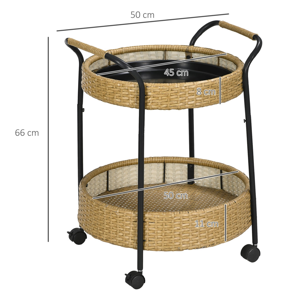 Carrello portavivande rotondo a 2 ripiani in polyrattan giallo con 4 ruote e 2 freni per terrazza Ø 50 × 66 cm