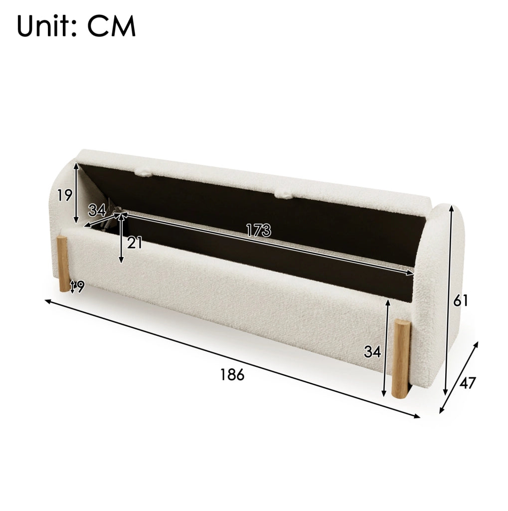 Panca Contenitore Bianca 186x47x61 cm con Rivestimento in Tessuto Chenille Bouclé e Gambe a U in Legno di Gommifero