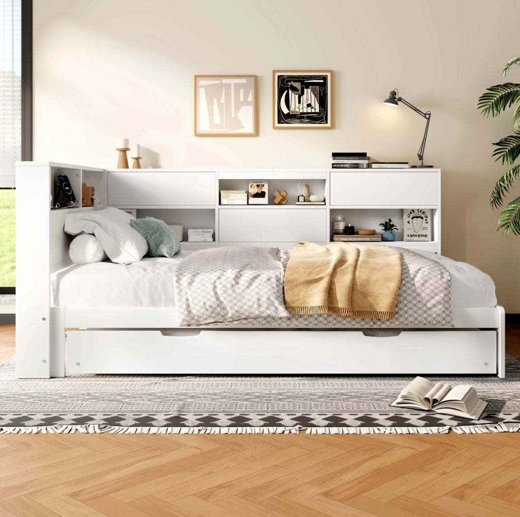 Letto singolo estraibile 90x200 cm bianco con USB e Type-C