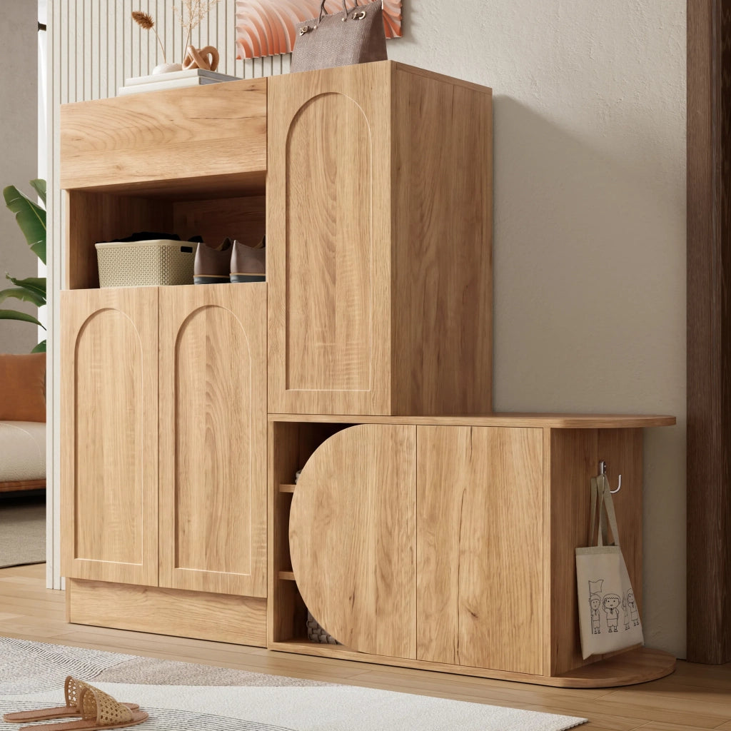 Scarpiera moderna con panca, 1 cassetto, 5 ante e ripiano aperto, grande capacità per ingresso, colore naturale, 130 × 35 × 110,5 cm