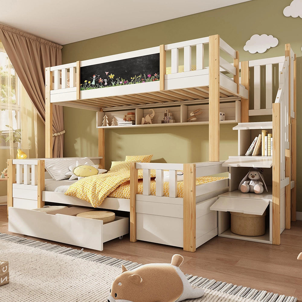 Letto a castello-Xylo-90+140x200cm lavagna scala con ripiano 2 cassetti armadio legno massiccio bianco naturale