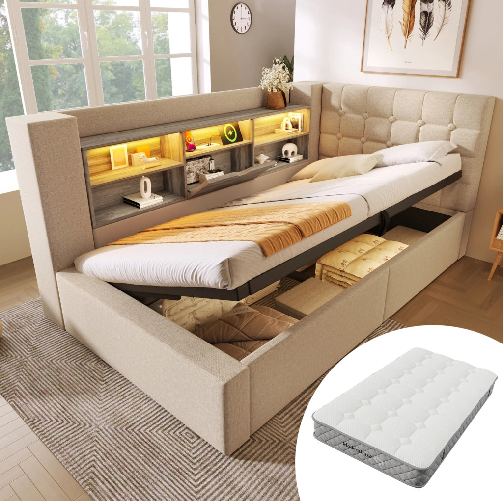 Letto singolo 90x200 cm con contenitore idraulico; LED e materasso H3 beige HOMVRA